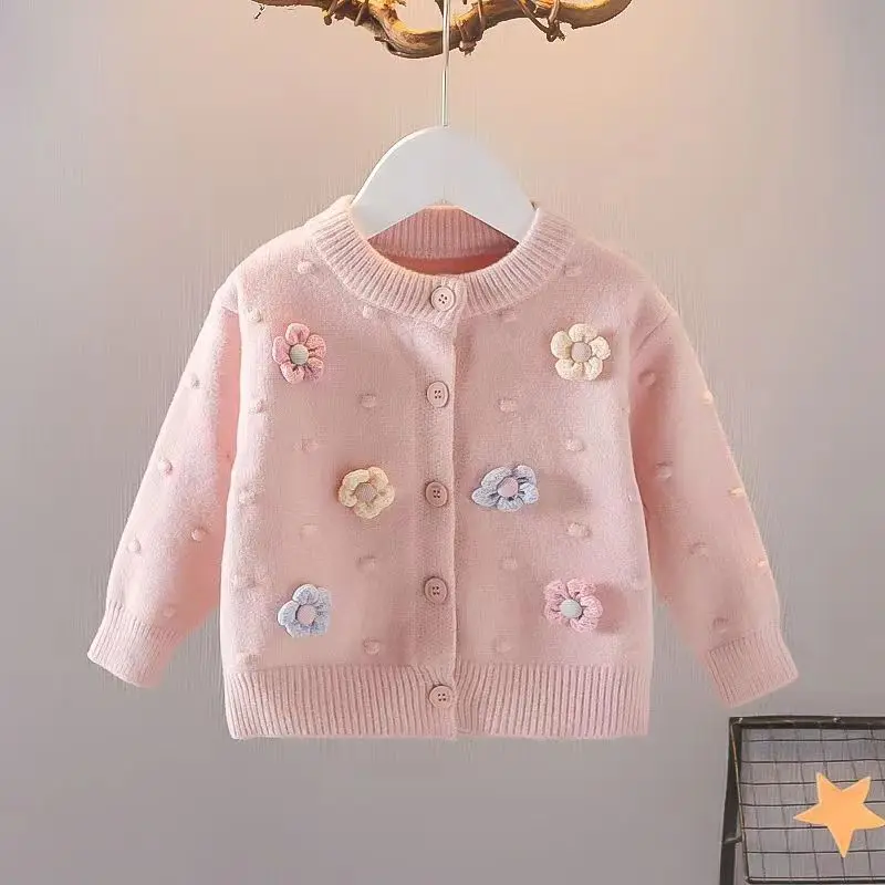 Kids Girls Sweater Korean Knitted Cardigan 2023 New Flower Autumn Top Children\'s Versatile Long Sleeve Coat 1 3 5 7T