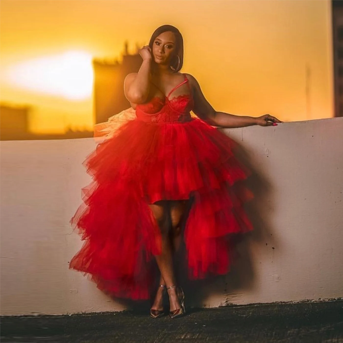 Lindo vestido de baile de tule renda e tule alto baixo em camadas vestidos de noite aso ebi feminino vestido de festa formal