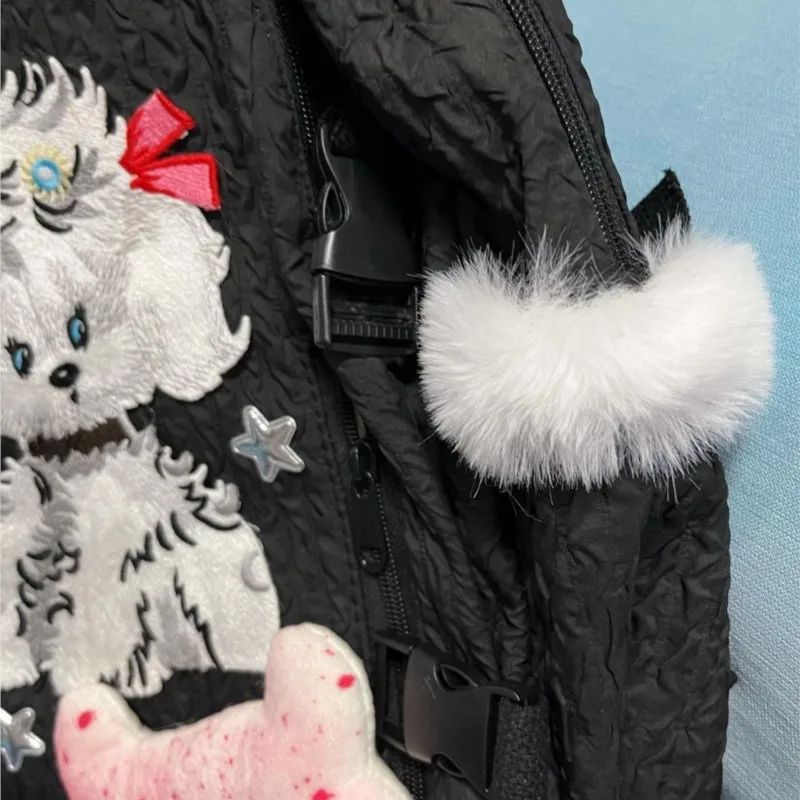 حقيبة ظهر يابانية سوداء لطيفة على شكل جرو للنساء من قماش الجاكار بفيونكة للتجاعيد وسعة كبيرة حقيبة نهارية Y2k جماليات Harajuku Mochilas Mujer