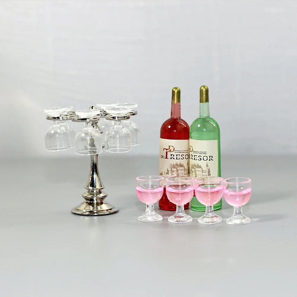 1/12 Dollhouse Miniature Wine Glass Goblet Wine Bottle Rack set Model Toy for Doll House Accessories Decoration ob11 bjd