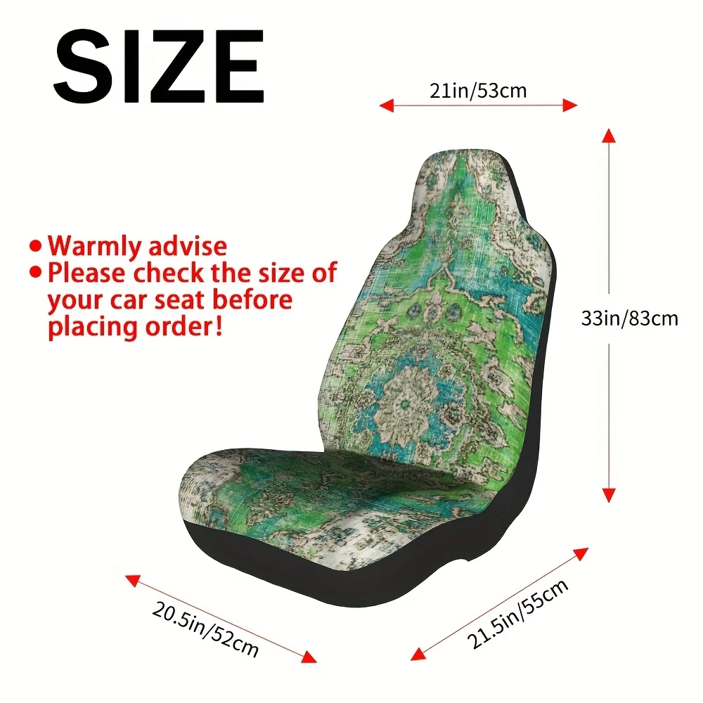2pcs Vintage Floral Mandala Car Seat Covers - Green & Golden Bohemian Design, Soft Washable Polyester, Non-Slip Backing, Easy To