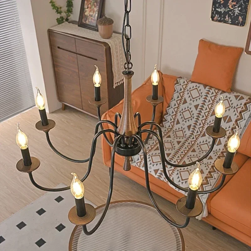 ديكور المنزل صالون الثريات الشمال الرجعية خشب متين الحديد المطاوع شمعة Led أضواء غرفة نوم غرفة المعيشة الطعام قلادة مصباح