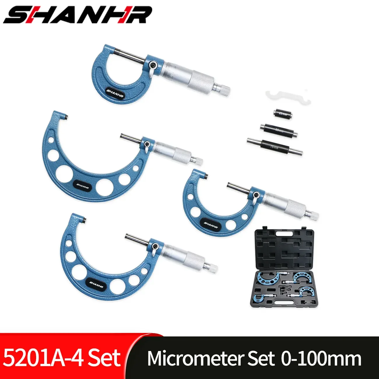 SHANHR 0-25mm,25-50mm,50-75mm,75-100mm Outside Micrometer Set,Ratchet Stop Type 4pcs/set 0-100mm Outside Micrometer