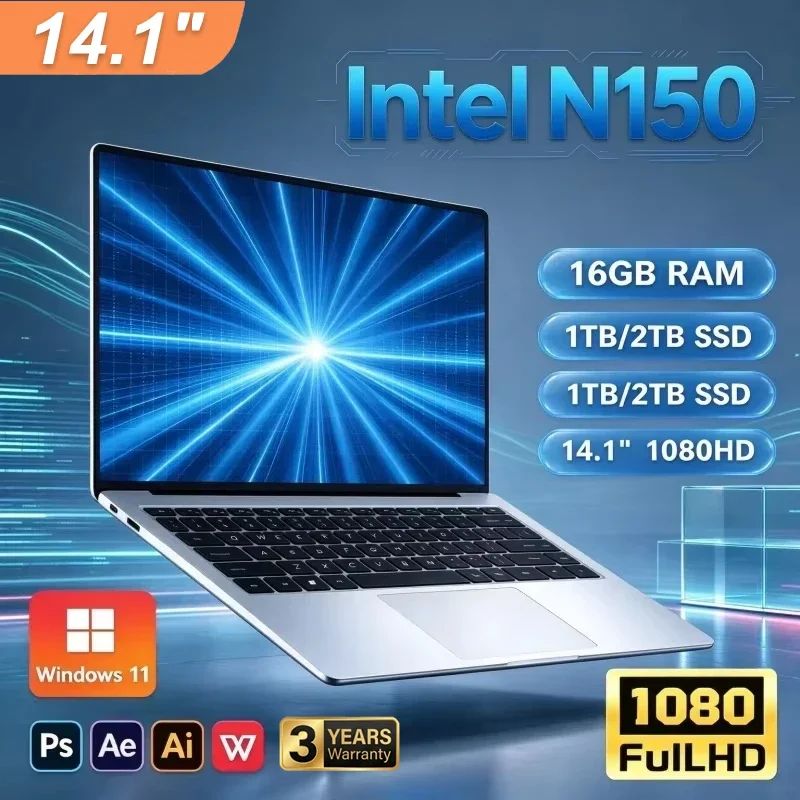 Wind11Pro 14.1 Inch Intel N150 Lightweight Gaming Laptop Computer 16GB Large RAM 2TB SSD Storage 1080PDisplay Office Notebook PC