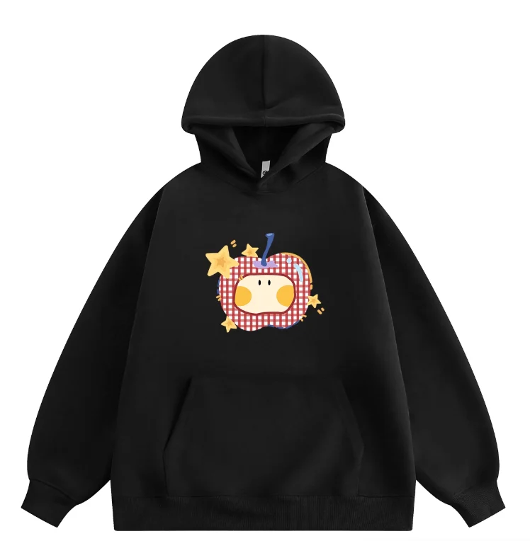 2025 Moda 330 g de peso pesado Sudadera con capucha unisex para hombres y mujeres con patrón de manzana de dibujos animados Sudadera con capucha casual