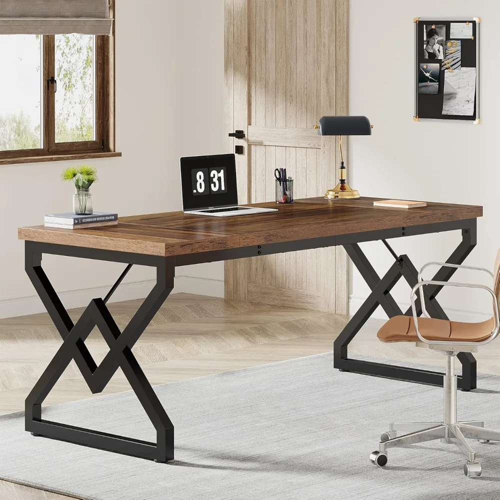 

Executive Desk, Large Home Office Computer Desk with Extra Thick Wooden Tabletop and Metal Frame, Writing Table Study Desk