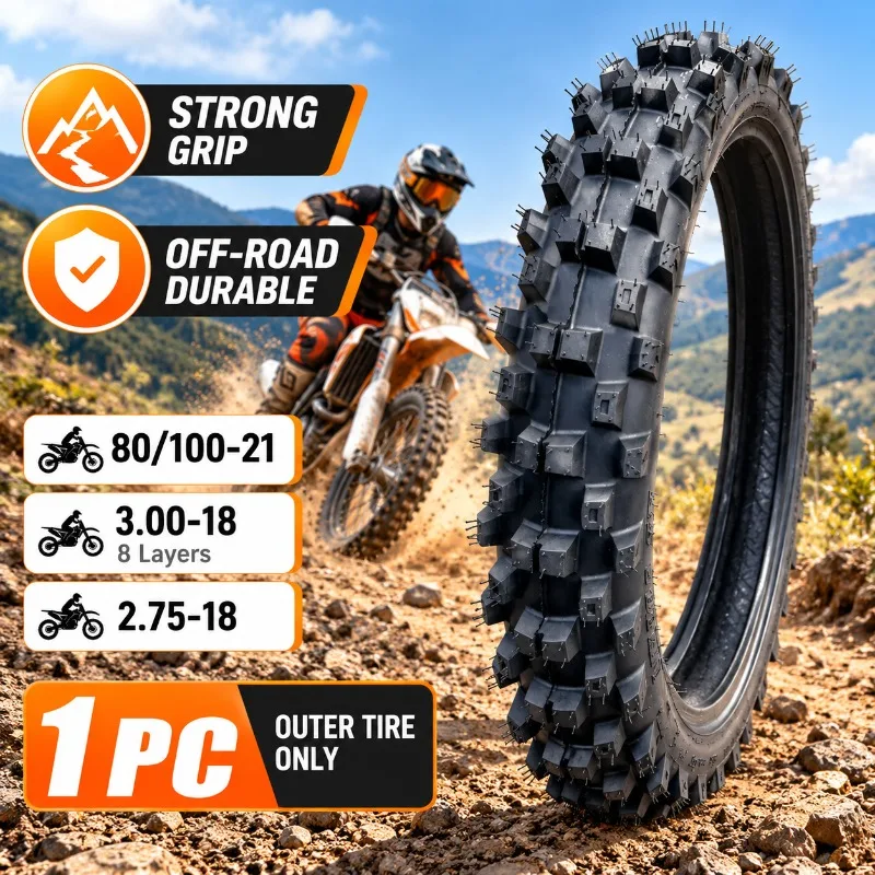 Motorcycle Off Road Tire 80/100-21 3.00-18 2.75-18 High Knobby Tread Dirt Bike Tyre Anti Slip Rubber Rear Wheel Outer Tire 1PC