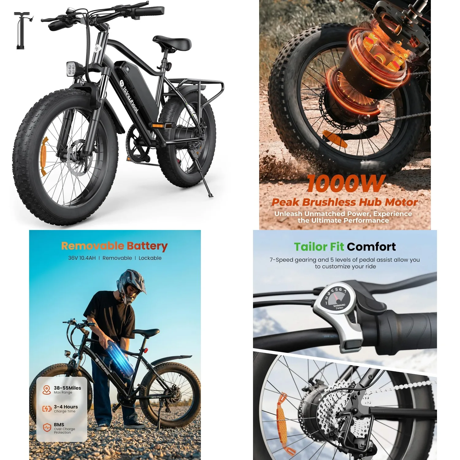 

1000W Motor Electric Bike Adults, Dual Crown Fork Mountain Ebike Battery 40 Miles 7 Speed 20x4.0 Fat Tire, Customized