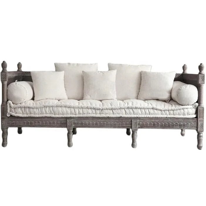 

Farmhouse Antique Home Hotel Villa Furniture Grey Solid Wood Oak 3 Seat Sofa Couch Living Room