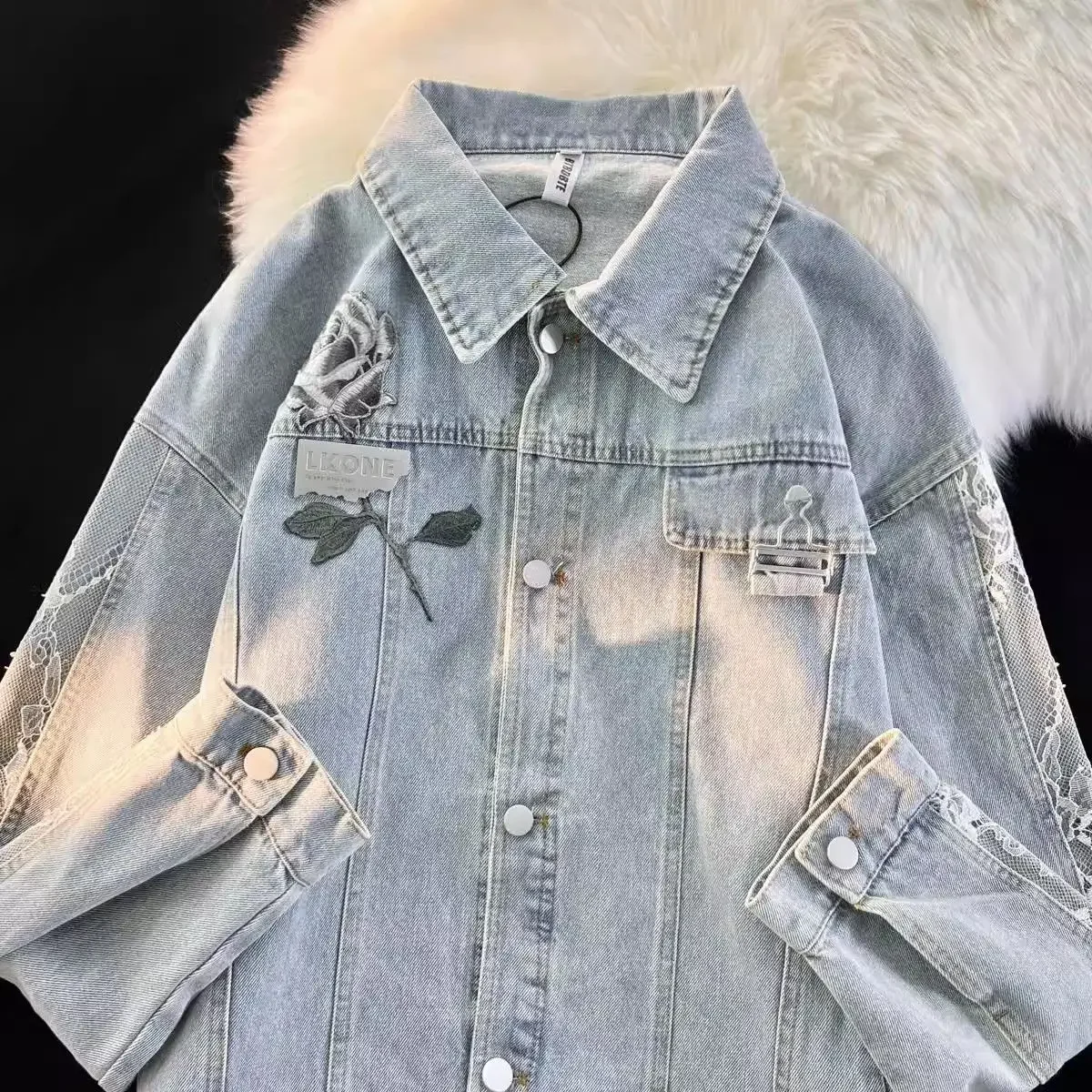 American rose denim jacket female autumn new design sense niche loose heavy industry lace loose casual Joker jacket top