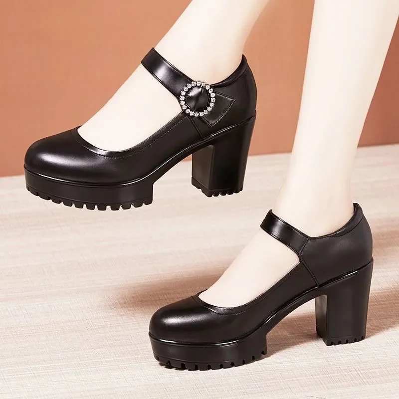 Zapatos de Mujer Damenmode, schwarzes Lackleder, runde Zehenpartie, hochwertige Plateauschuhe mit bequemem, quadratischem Absatz und Pumps B678