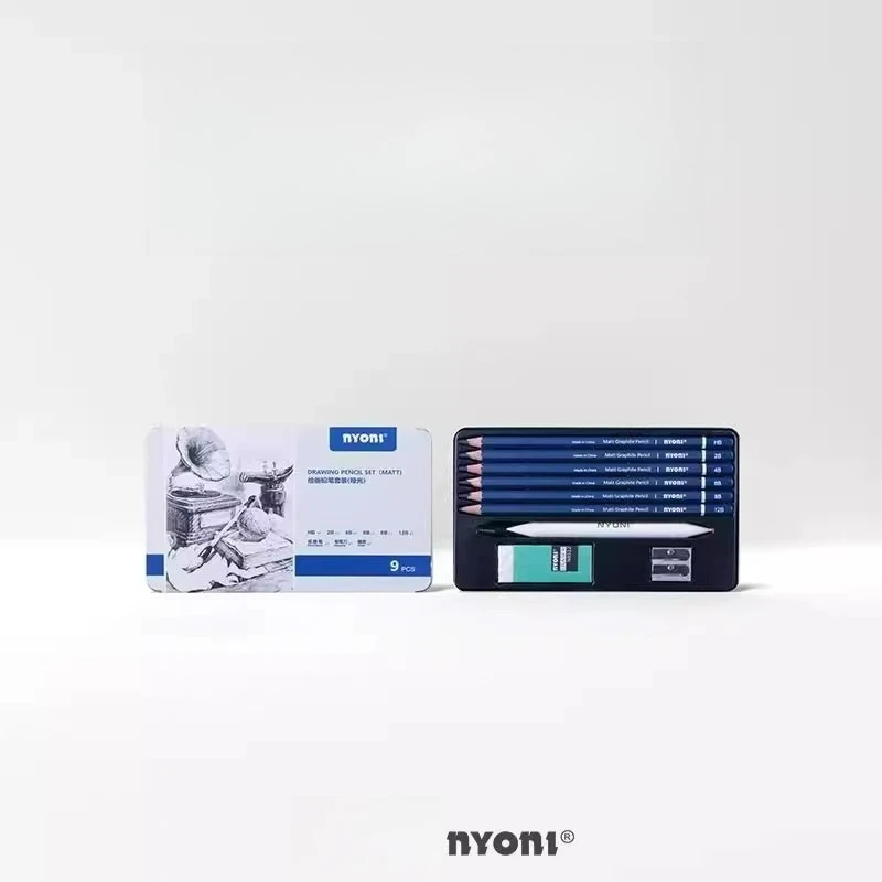 NYONI Matte Sketch Pencil Set with Iron Outer Case Complete Sketching Tools for Beginners Including Eraser and Blending Stump