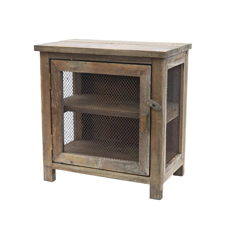 

Rustic Wooden Storage Cabinet with Wire Mesh Door, Natural Wood Finish, 38x24x39.5cm