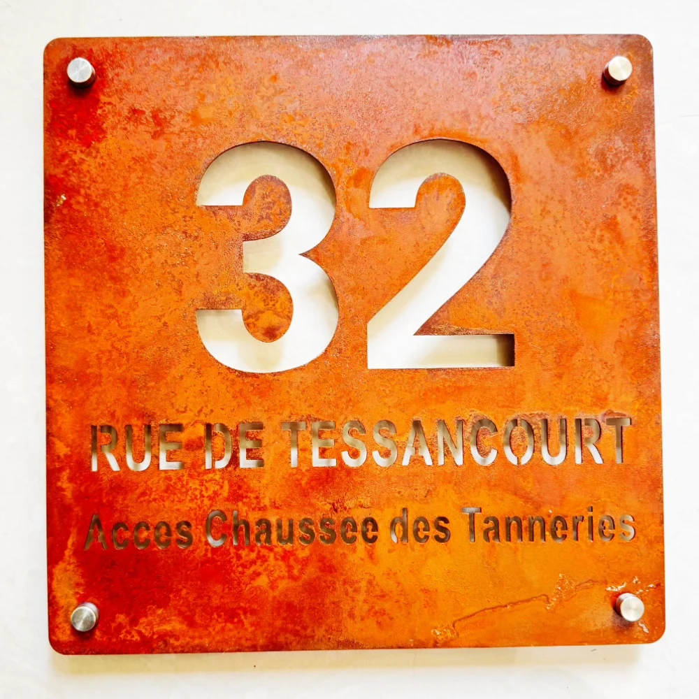 Modern Corten Steel Door Sign with Customized 3D Laser Cut Logo Letters Numbers, Waterproof Mounting Screws Plaque for Outdoor