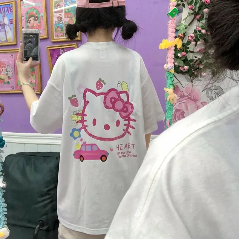 Sanrio เสื้อยืดคอกลมแขนสั้นสำหรับผู้หญิง, เสื้อ Y2K พิมพ์ลายการ์ตูนฉบับภาษาเกาหลี Hello Kitty