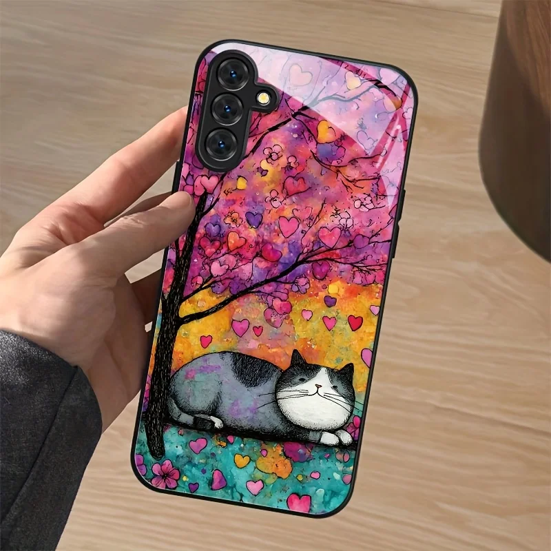 Cartoon Cat Dog Couple  Black Frame Glass Phone Case Suitable for Galaxy S26/S25/S24/S23Ultra /S22Ultra/S20Ultra/56/A72/A73 5G