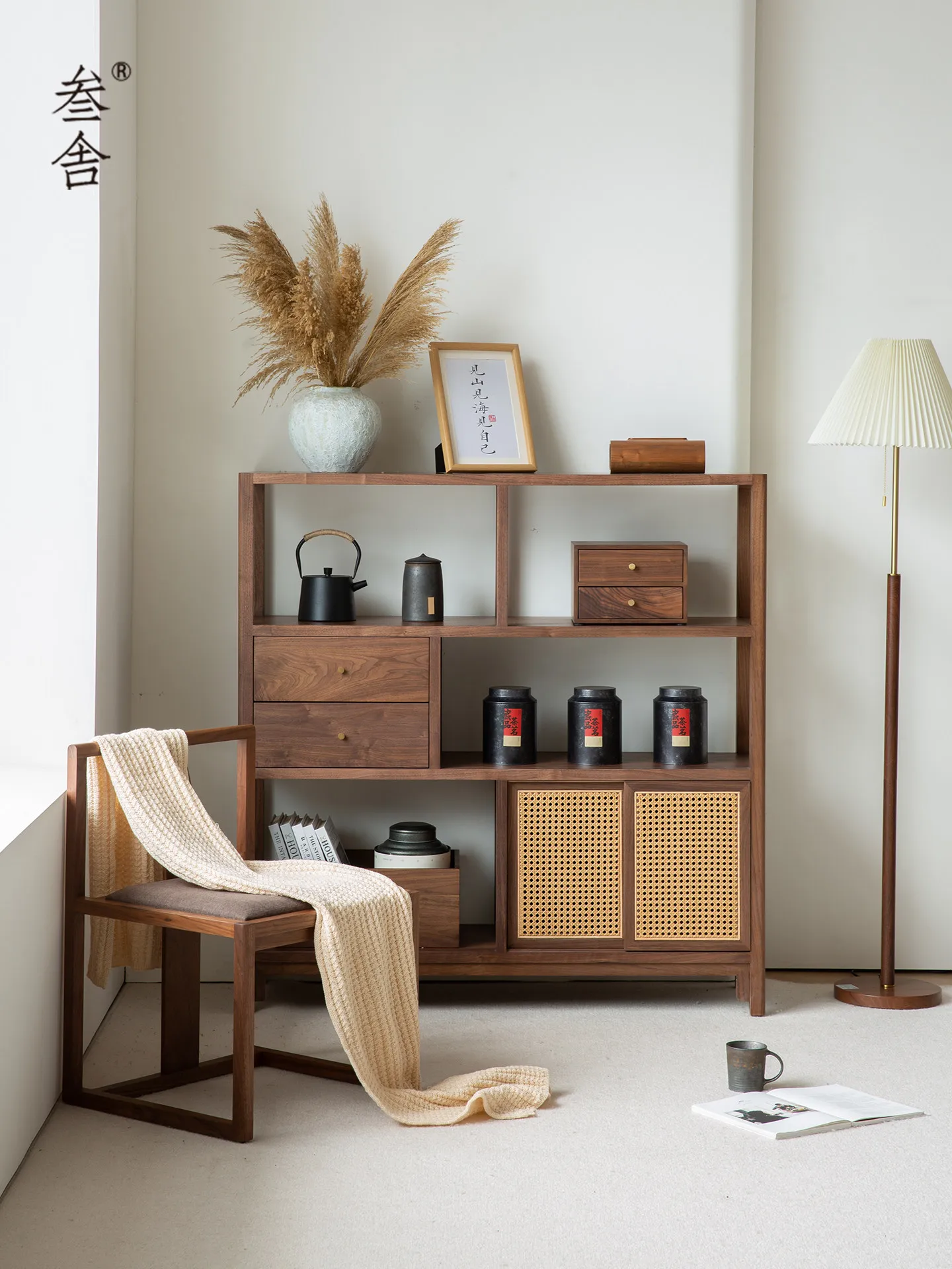 cx solid wood home bookshelf new Chinese shelf tea tea set ornament storage cabinet