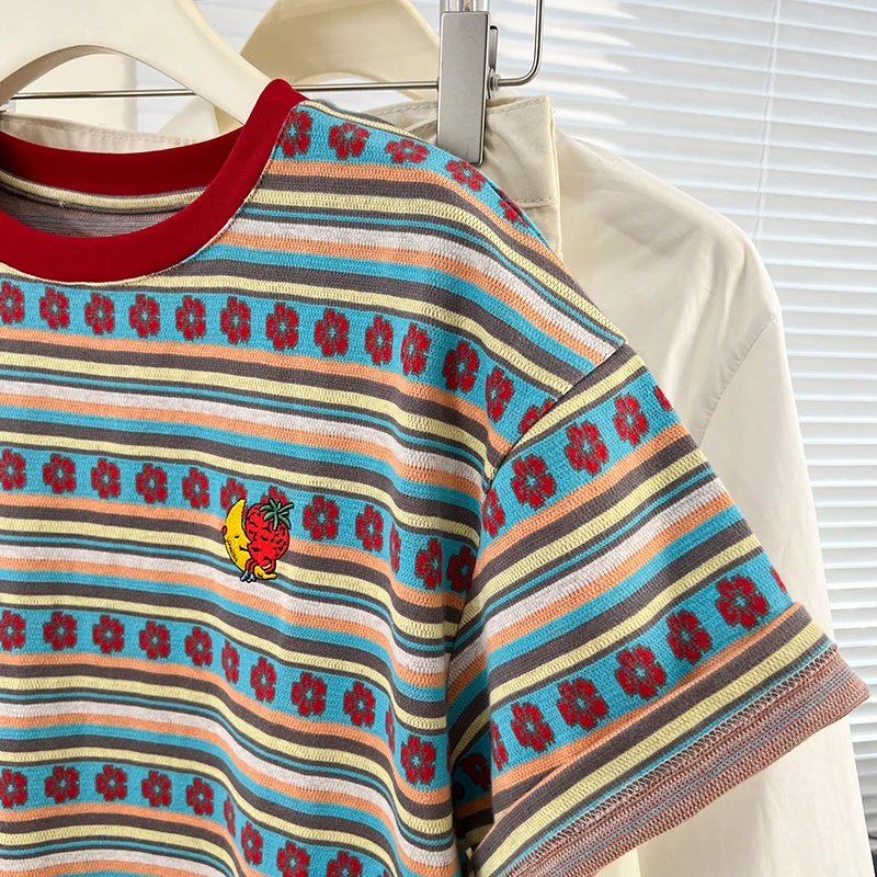 Women Summer New Chic T-Shirt Casual Retro Striped Short Sleeve T-shirt Streetwear  Round Neck Loose Tops