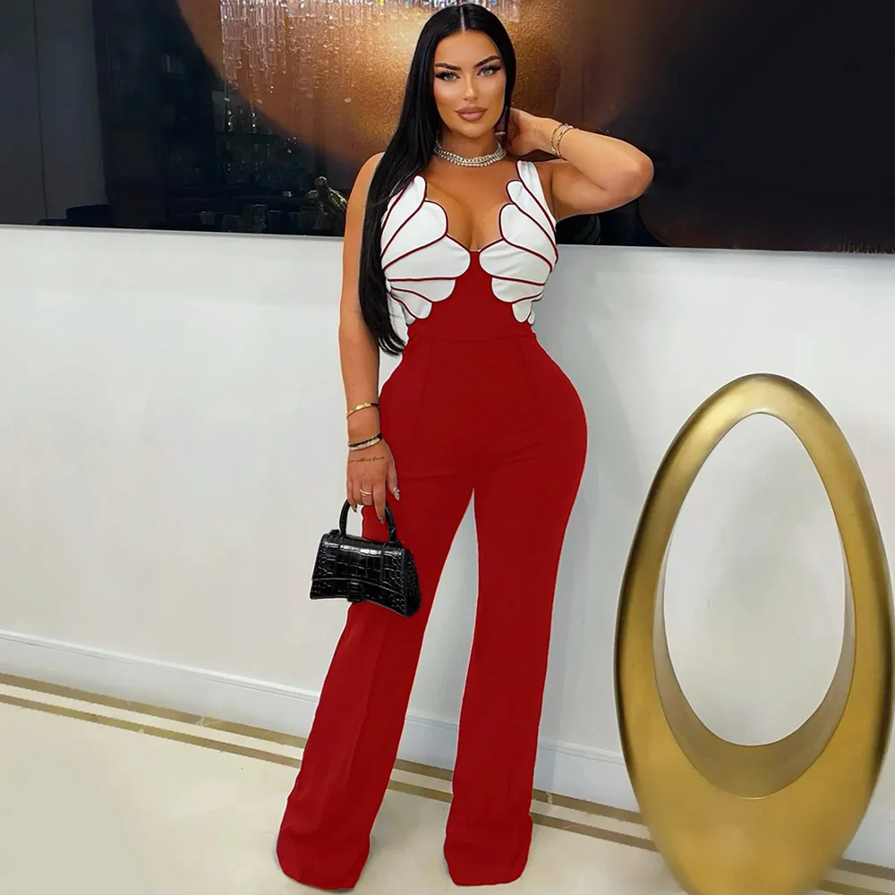 Women V-Neck Backless Wide Leg Straight Sleeveless Jumpsuits 2026 Spring Patchwork Sexy One Piece Set Streetwear Outfits
