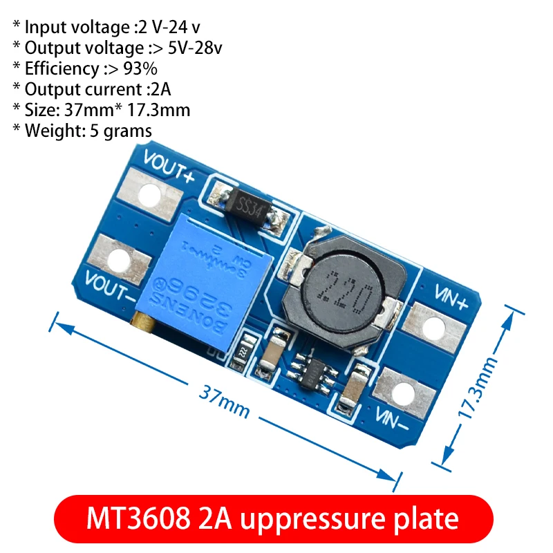 MT3608 DC-DC Adjustable Boost Module 2A Boost Plate 2A Step Up Module with MICRO USB 2V - 24V to 5V 9V 12V 28V LM2577