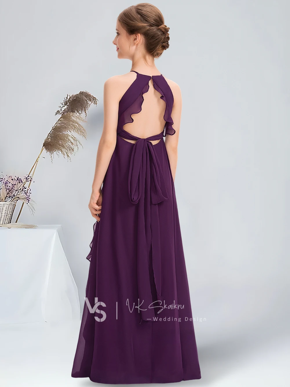 A-line Halter Floor-Length Chiffon Junior Bridesmaid Dress With Bow Cascading Ruffles Grape Flower Girl Dress for Wedding Party