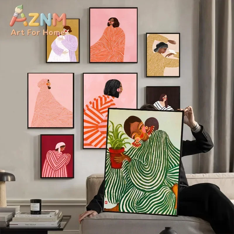Modern Abstract Female Portrait Wall Art Print Boho Illustrative Colorful Lady Canvas Poster Living Room Bedroom Home Decor