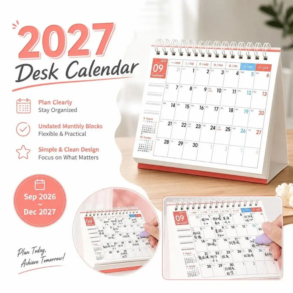 Minimalist 2027 Desk Calendar Monthly Layout Spiral Bound Coil Calendar Writable Pages Monthly Calendar Study Desk