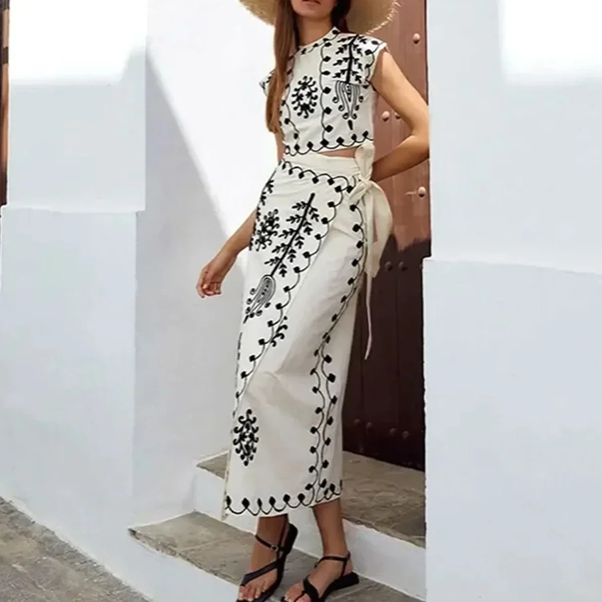 Lady Beach Holiday Dresses Embroidered Print Top Skirt Two Piece Set Shoulder Padded Crop Top Lace Up Skirt Suit Outfit