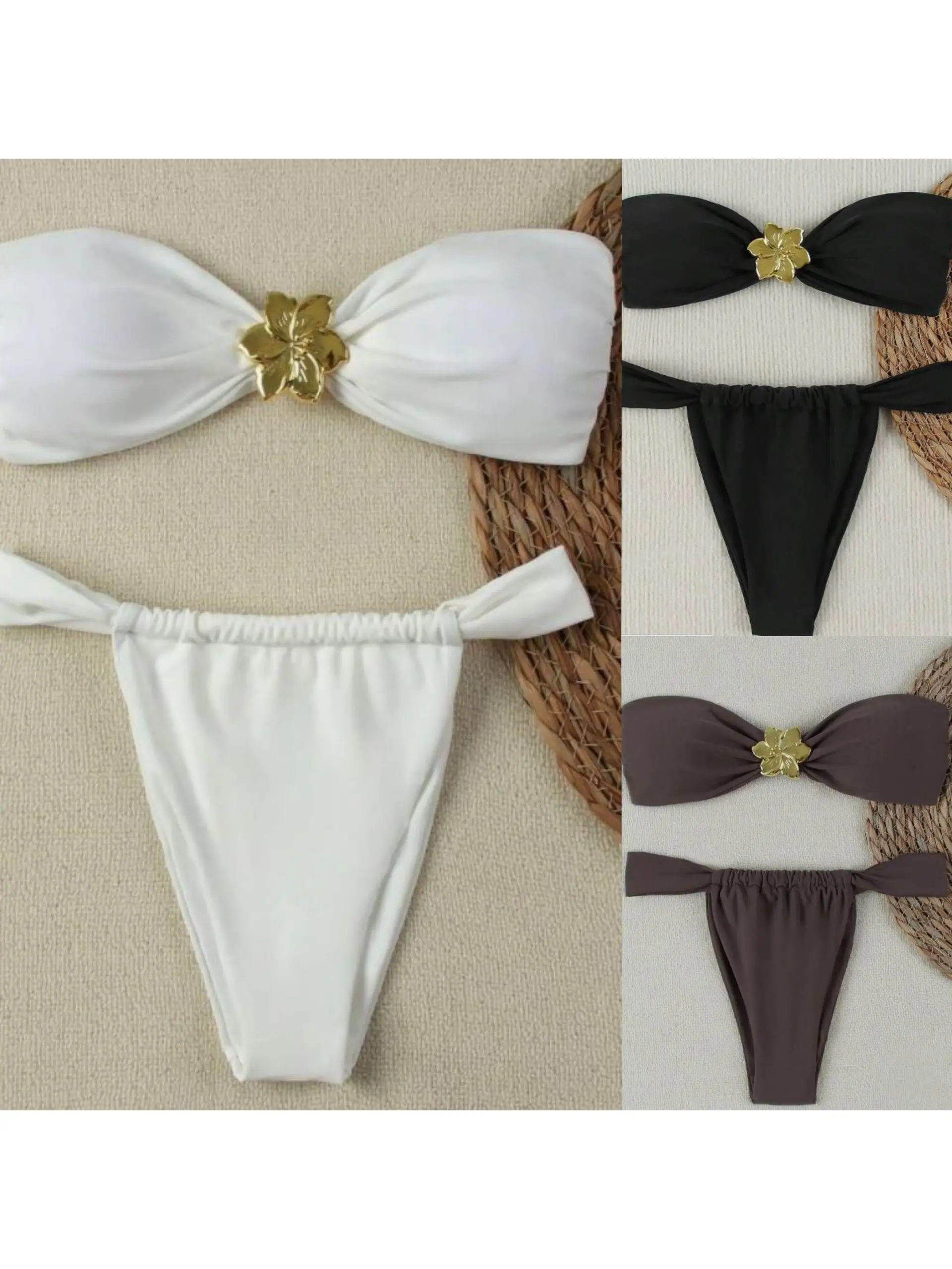 

Faionable Color Nylon Bikini Two-Piece Swimsuit Bandeau Top with Chest Pad No Steel Frame e Design Swimming Suit