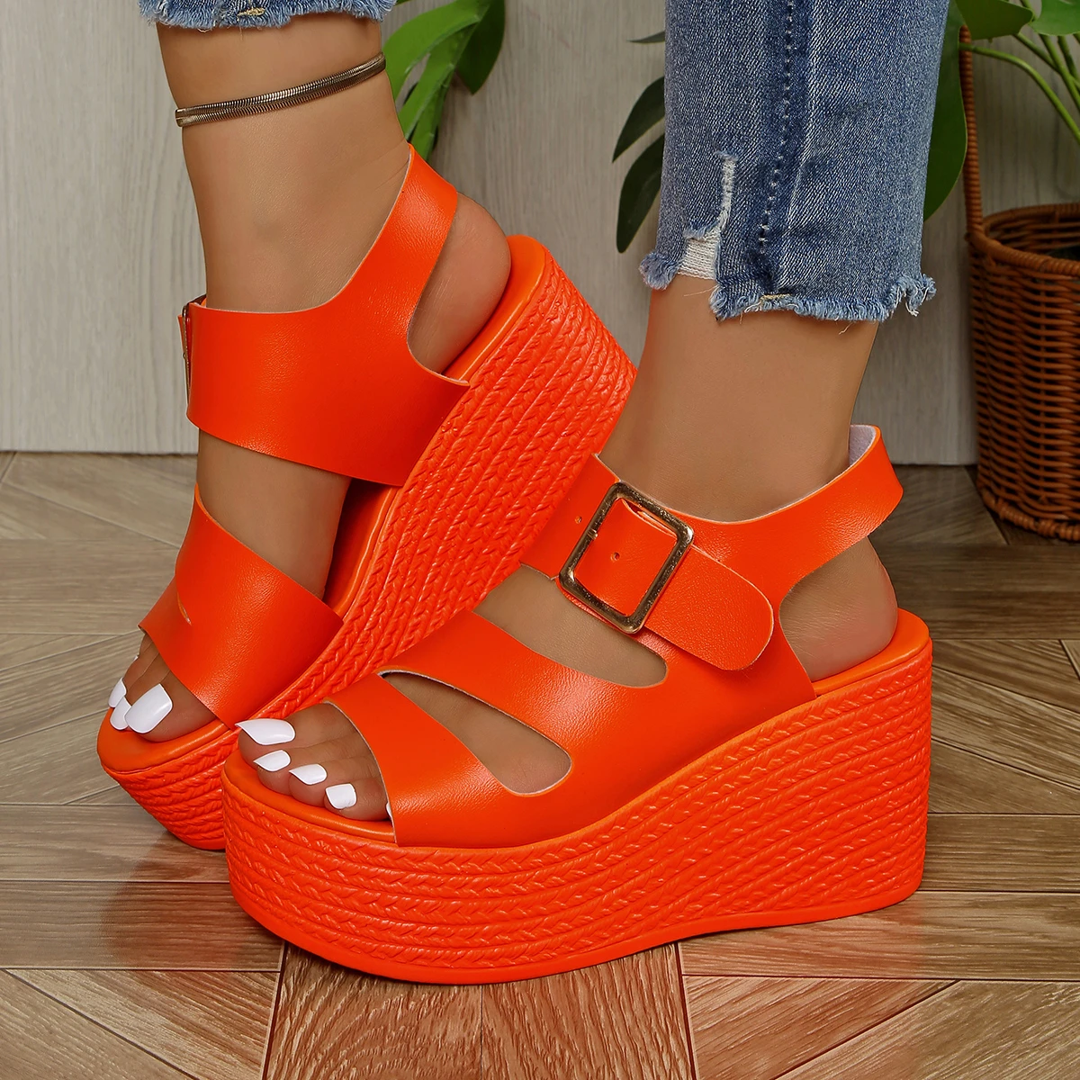 

Summer Women's Slippers Wedge Heels High Female Fish Mouth Shoes Thick Bottom Outdoors Sweet Bow Suede Girls Schoolgirl Slides