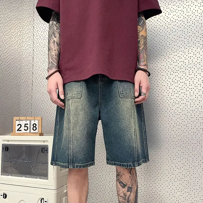 

Half Men's Short Jeans Pants Wide Bermuda With Pockets Male Denim Shorts Loose Baggy Long Buttons Trend 2025 Distressed Thin Cut