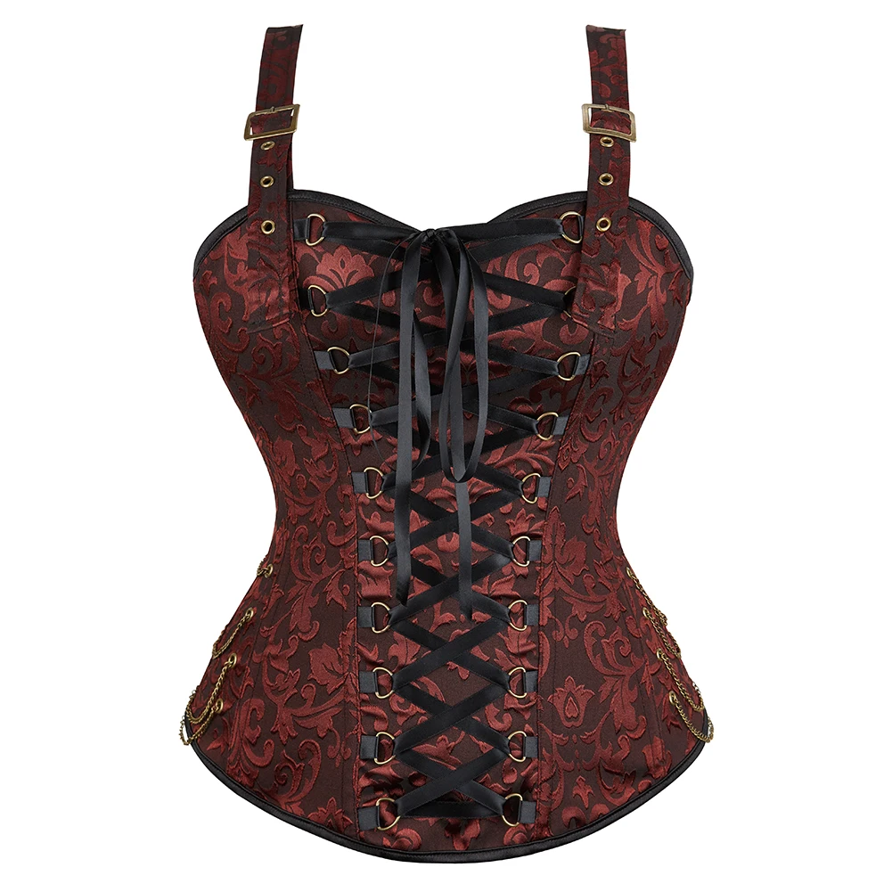 Overbust Corset Top with Straps Jacquard Corset Bustier Plus Size for Women Vintage Medieval Corset Black Red Blue Brown