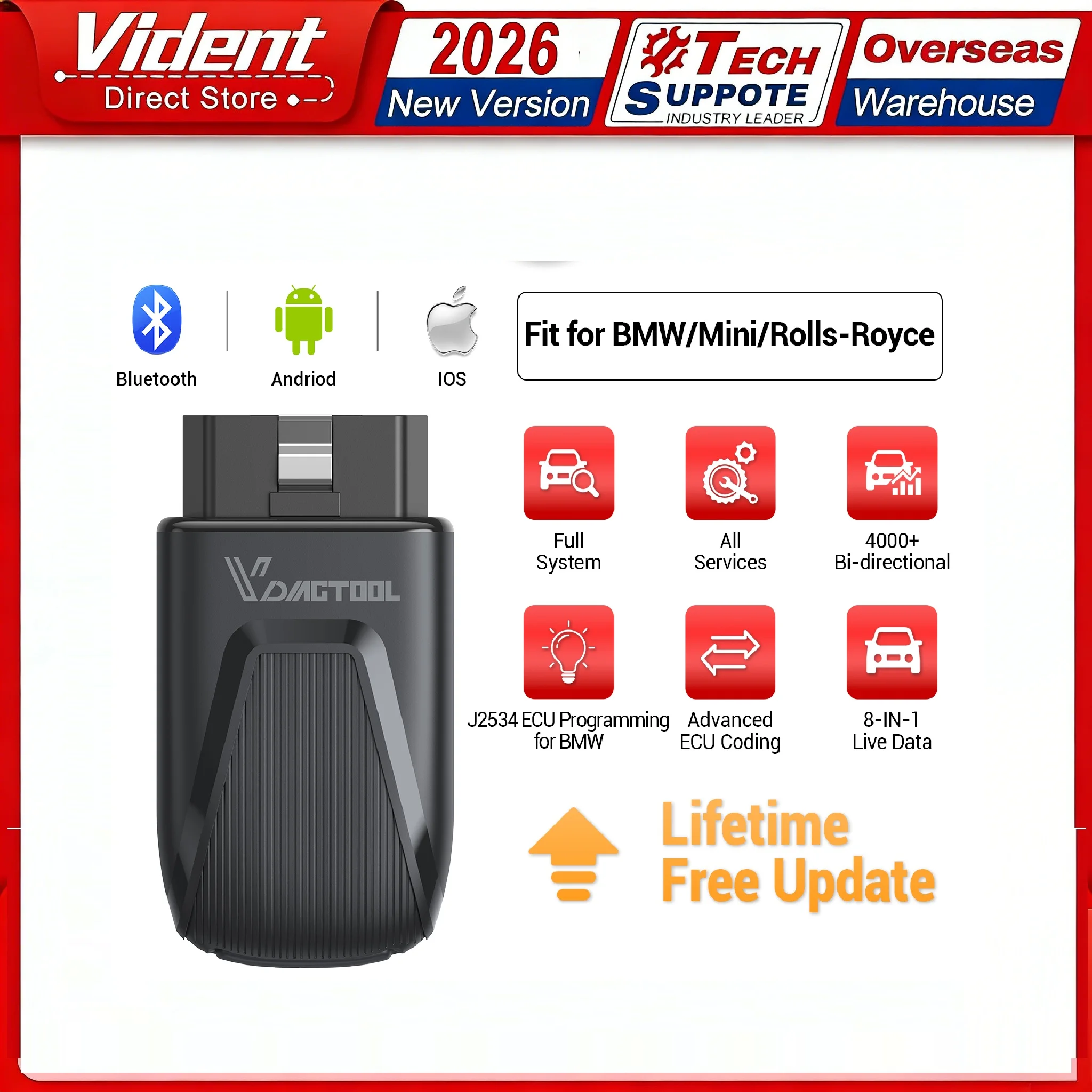 

Беспроводной диагностический сканер VDIAGTOOL D503 Bluetooth OBD2 с двунаправленным управлением, программатором J2534 и функцией отображения данных в реальном времени