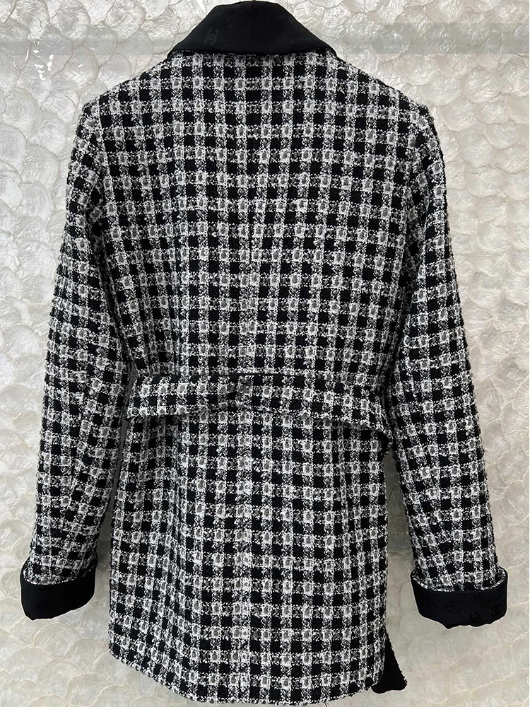 Fashion Designer Autumn Long Style Plaid Overcoat Women's Turn-down Collar Belt Button Pockets Long Sleeve Cardigan