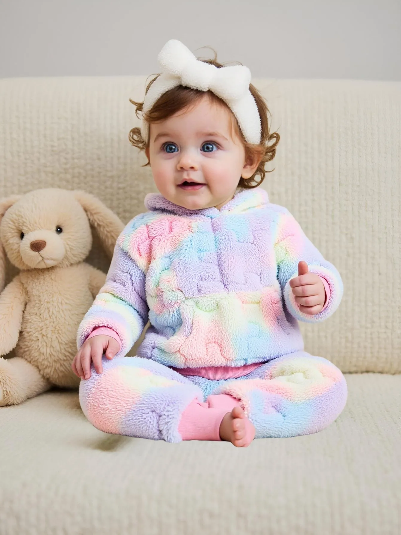 2-teiliges Set mit niedlichen Puzzle-Blöcken für Babys, dickes, pelziges Stoff-Set mit Kapuzenoberteil und Hose für den Winter