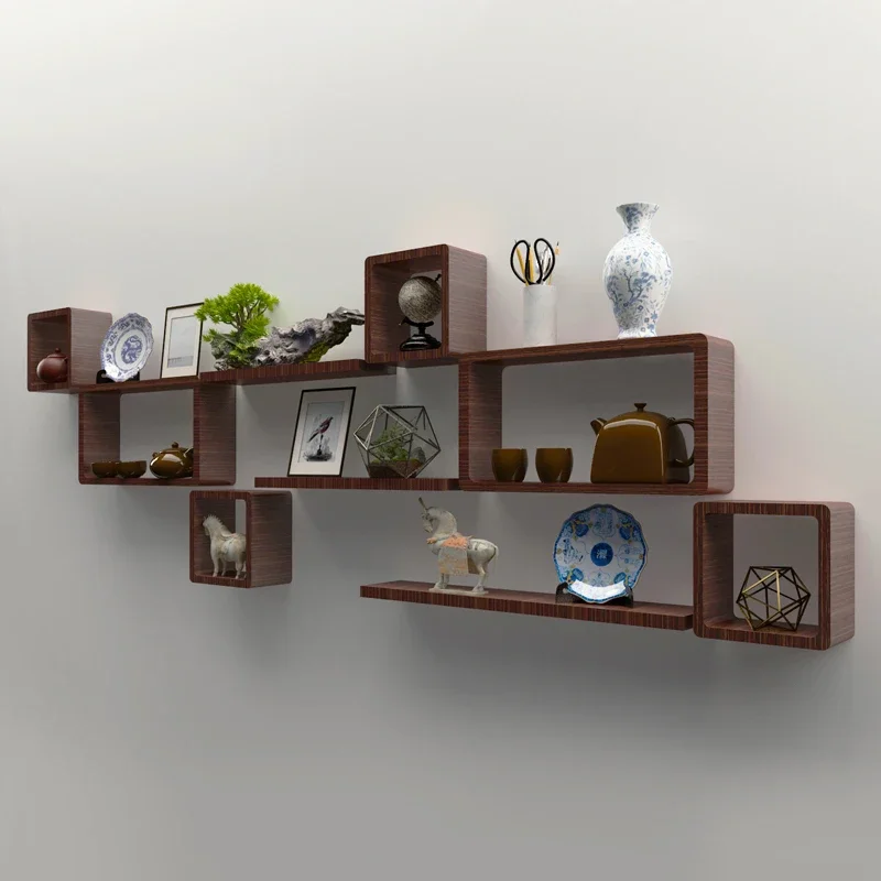 Solid Wood Wall-mounted Shelf No Drill Living Room Decorative Shelving Smoked Carbonization Craft New Chinese Style Elegant