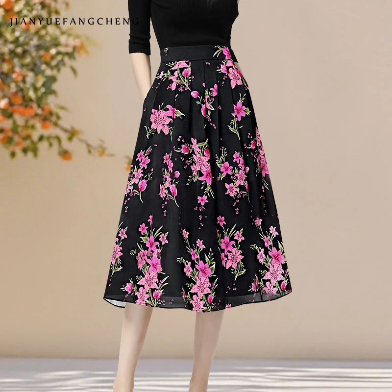 

Ladies Pink Floral Printed Skirt High Waist A-line Pleated Mid-length Skirts Vintage Elegant Casual Evening Skirts