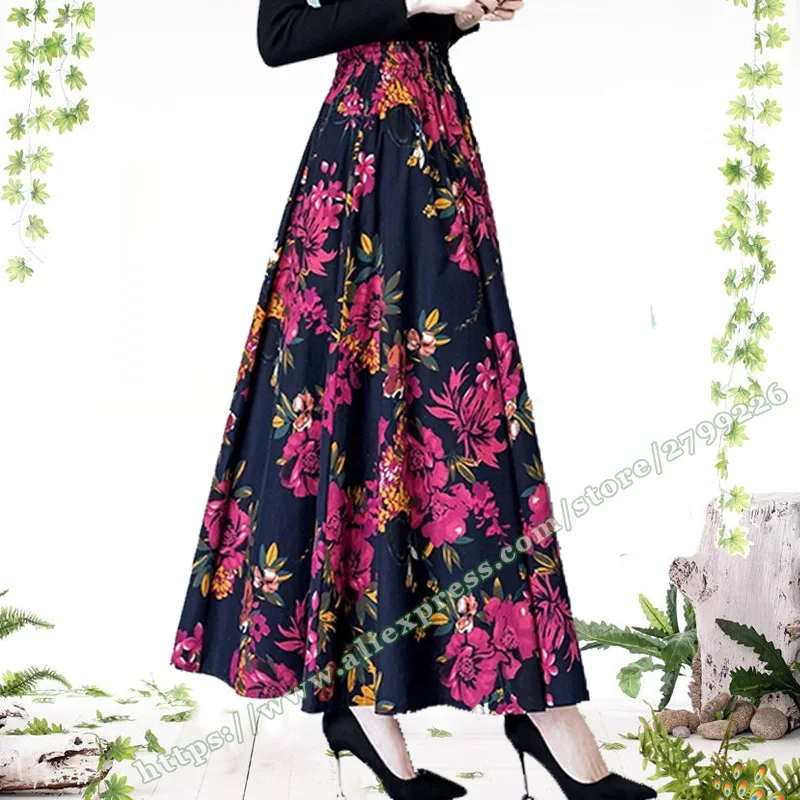 Elegant Vintage Retro plus Size Maxi Skirt for Women Spring 2025 Cotton Linen Printed Pocket Female Long Skirt