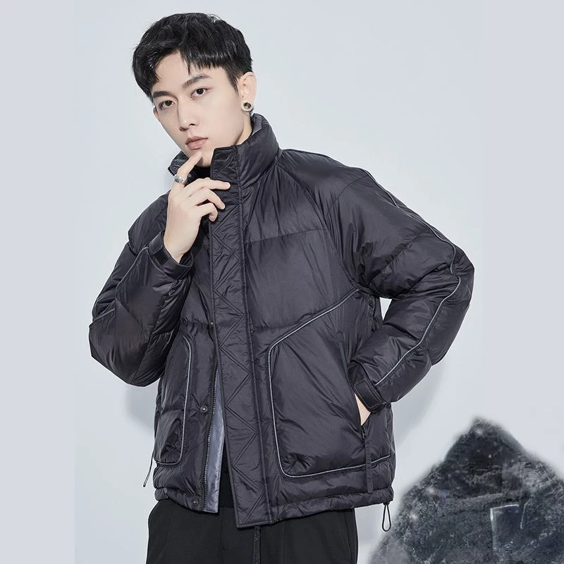 Men Short Lightweight Down Jacket Winter Warm Down Coat Korean Loose White Duck Down Big Pockets Zipper Long Sleeve Outerwear