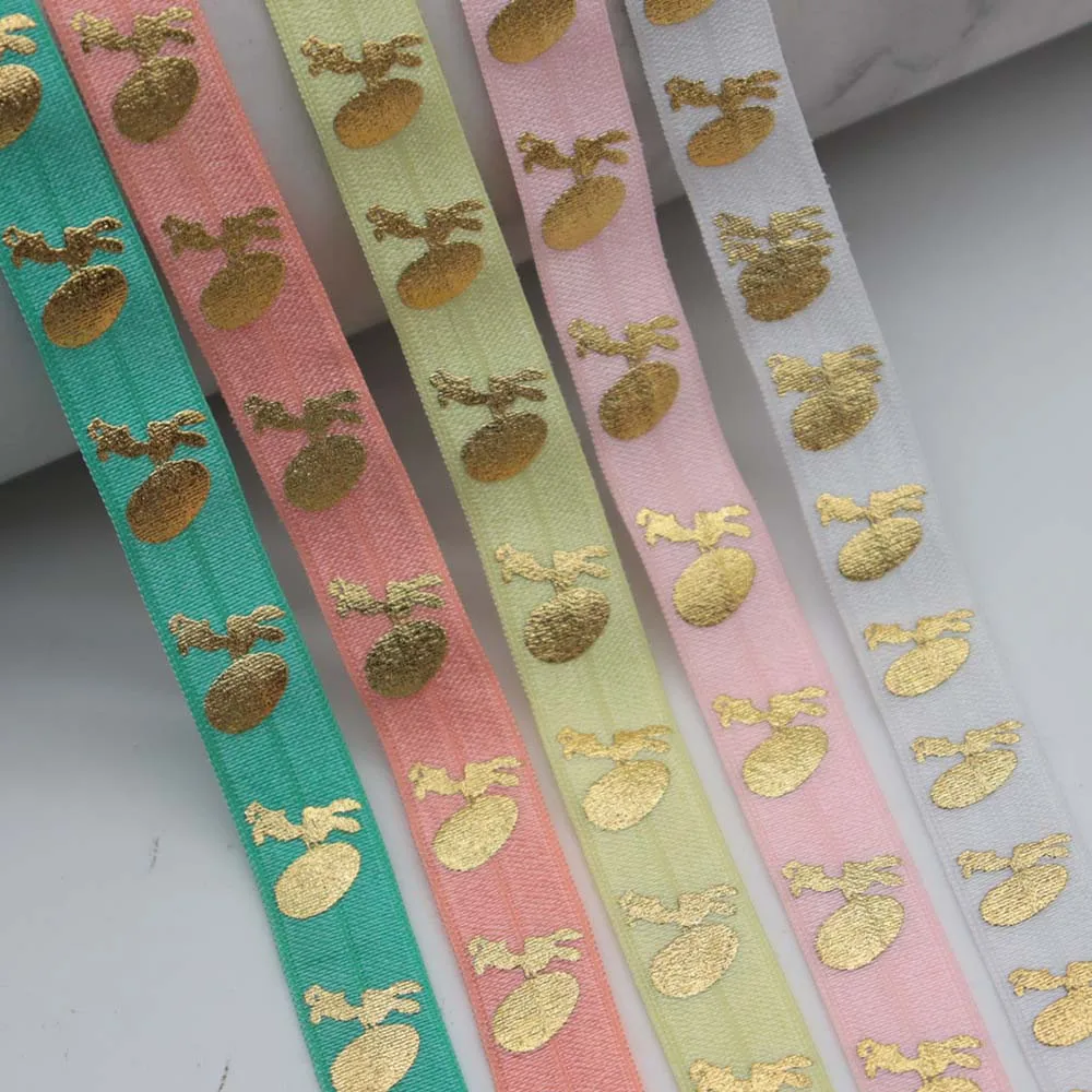 

5/8" 15mm Gold Easter Bunny Rabbit Rolling Egg Printed Fold Over Elastic FOE Ribbon For Ponytail Hair Tie Hair Accessories