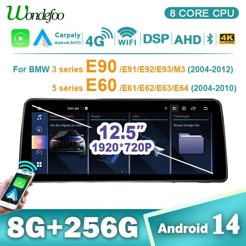 Pantalla Estéreo Inalámbrica CarPlay Android 14 para BMW Serie 5 y 3 E60 E61 E62 E63 E90 E91 E92 E93 CCC CIC, Radio Bluetooth para Auto, Reproductor Multimedia, Navegación GPS, Autoradio WIFI 4G LTE 1