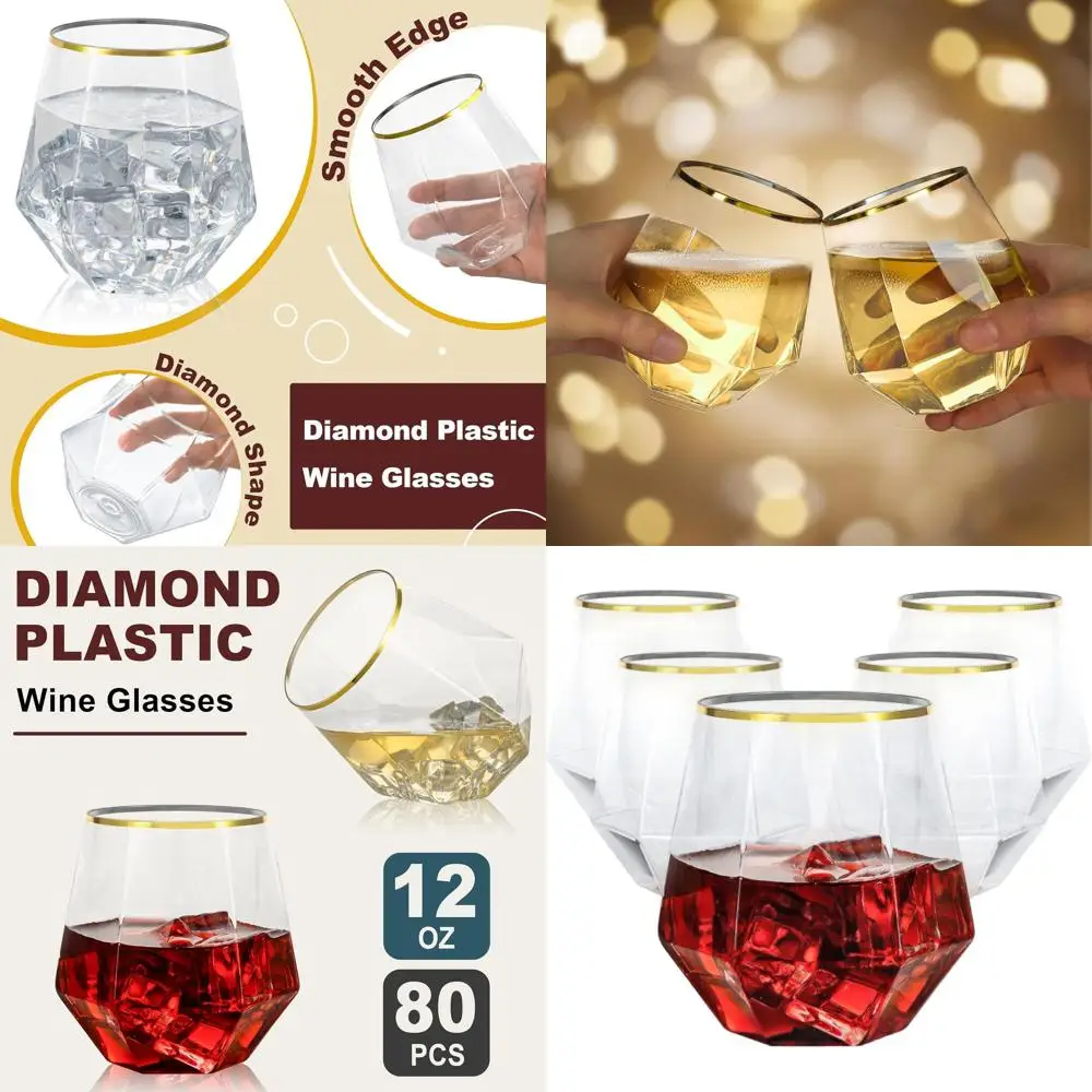 

Set of 80 Gold-Rimmed 12 oz Plastic Stemless Wine Glasses for Weddings, Parties, and Casual Use
