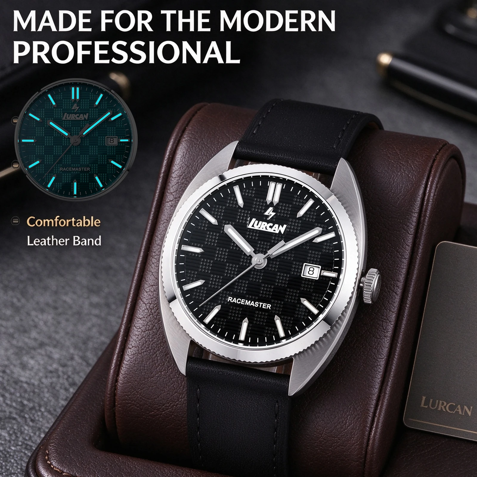 Mens PT5000 Auto Movement Watch 39mm 100M Waterproof Sapphire Crystal BGW9 Luminous Genuine Leather Strap 316L Steel Dress Watch