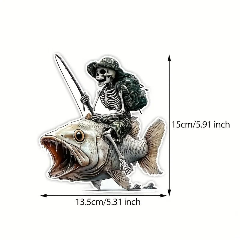 Skeleton Fisherman Vinyl Decal - Cartoon style, self-adhesive suitable for cars, motorcycles, laptops, skateboards