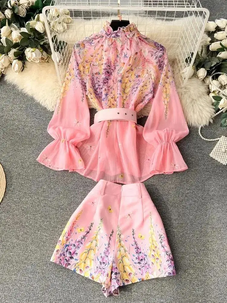 Women's Outfits Bright Silk Chiffon Shirt Blouse Top + Belt Shorts Two Piece Sets Summer Holidays Lavender Flower Shorts Suit