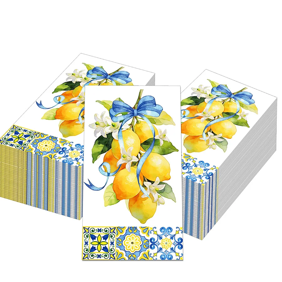 20Pcs Mediterranean Blue Tile Lemon Bow Floral Disposable Guest Napkins Watercolor Lemon Print Paper Napkin Wedding Table Decor