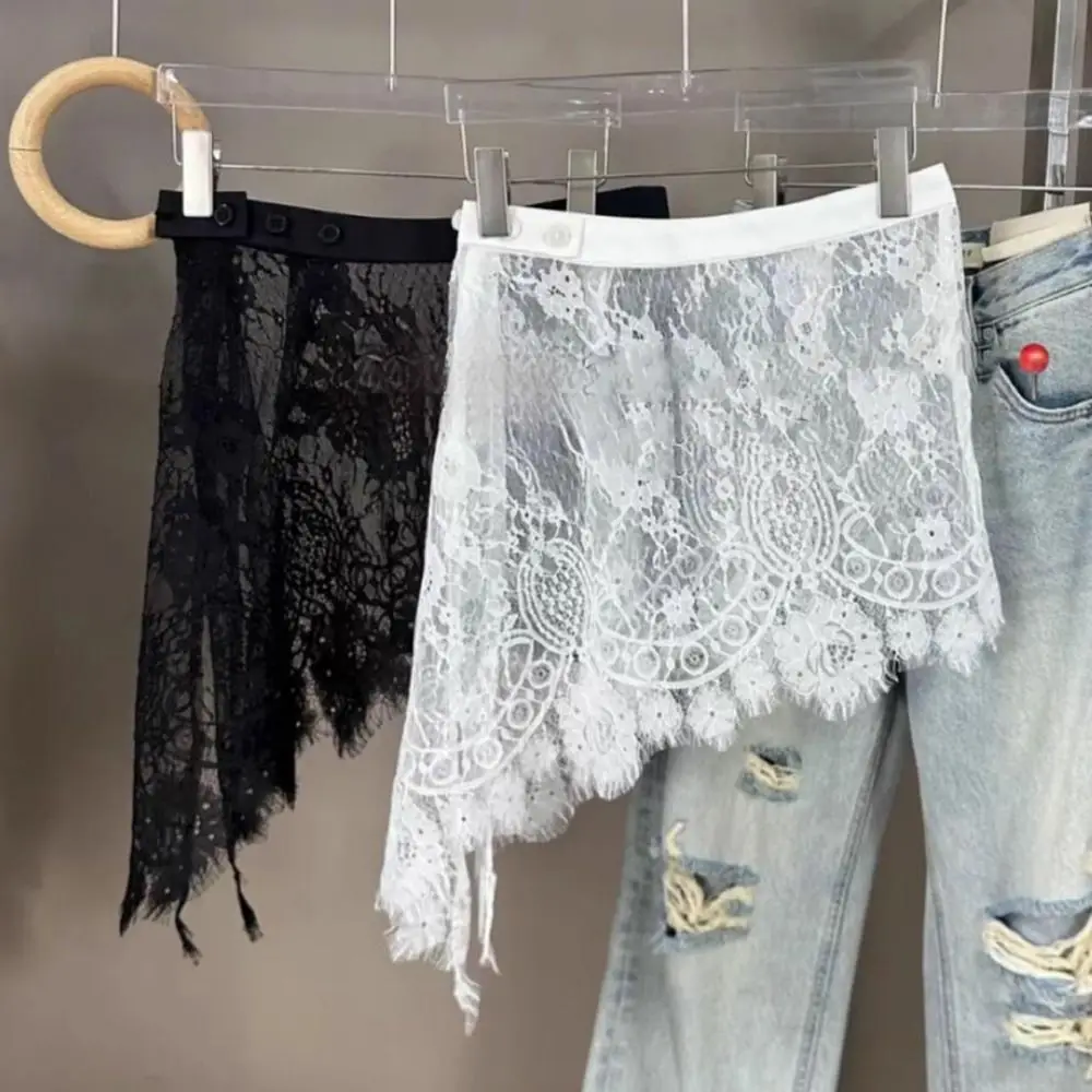 

New Embroidered Lace Skirt Y2K Streetwear See Through Hollow Out Skirt Lace-up Design High Waist Layering Skirt Jeans Decoration
