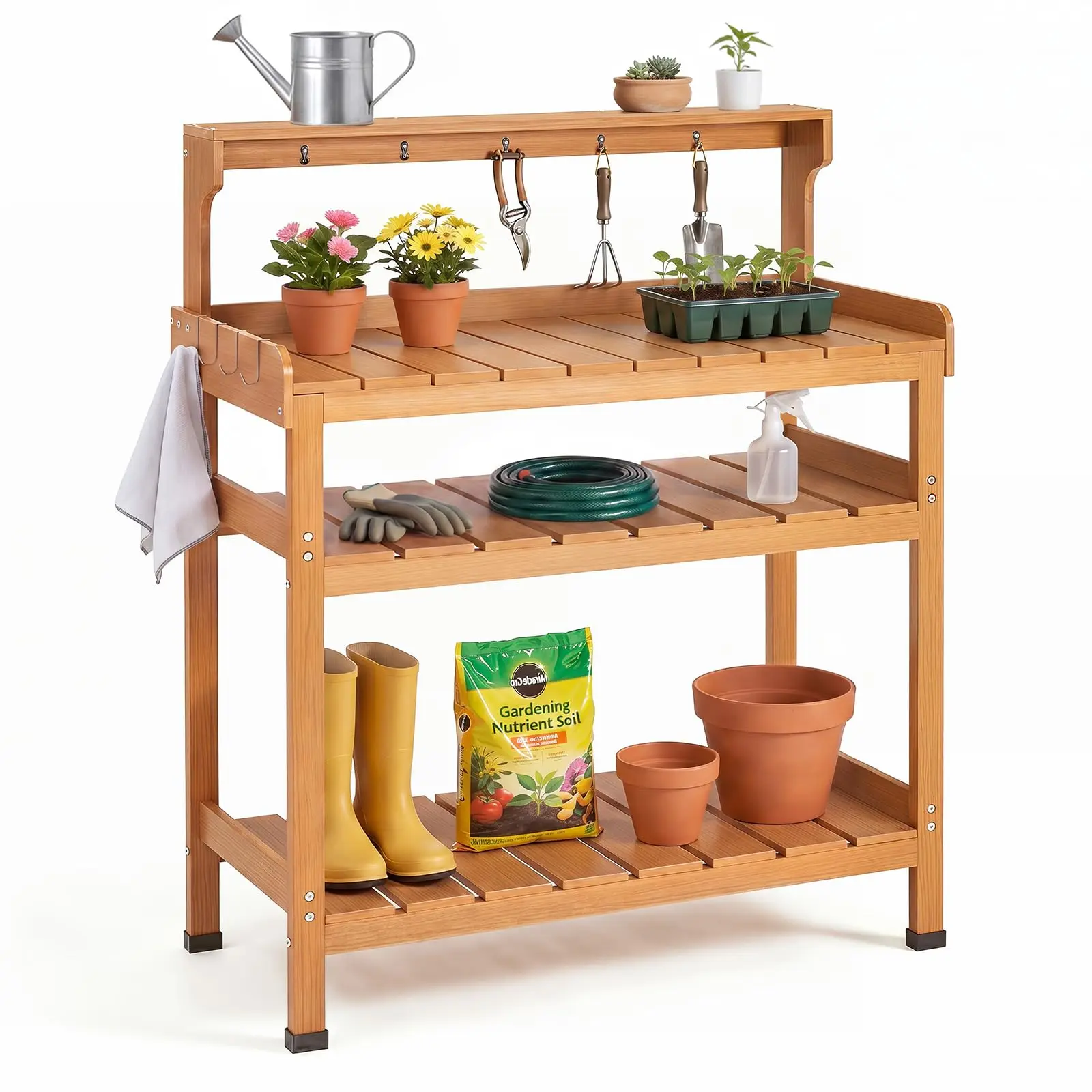 Potting Bench for Women Men, HDPS Outdoor Garden Table Workstation with 9 Hooks, 4-Tier Rack, All-Weather Waterproof