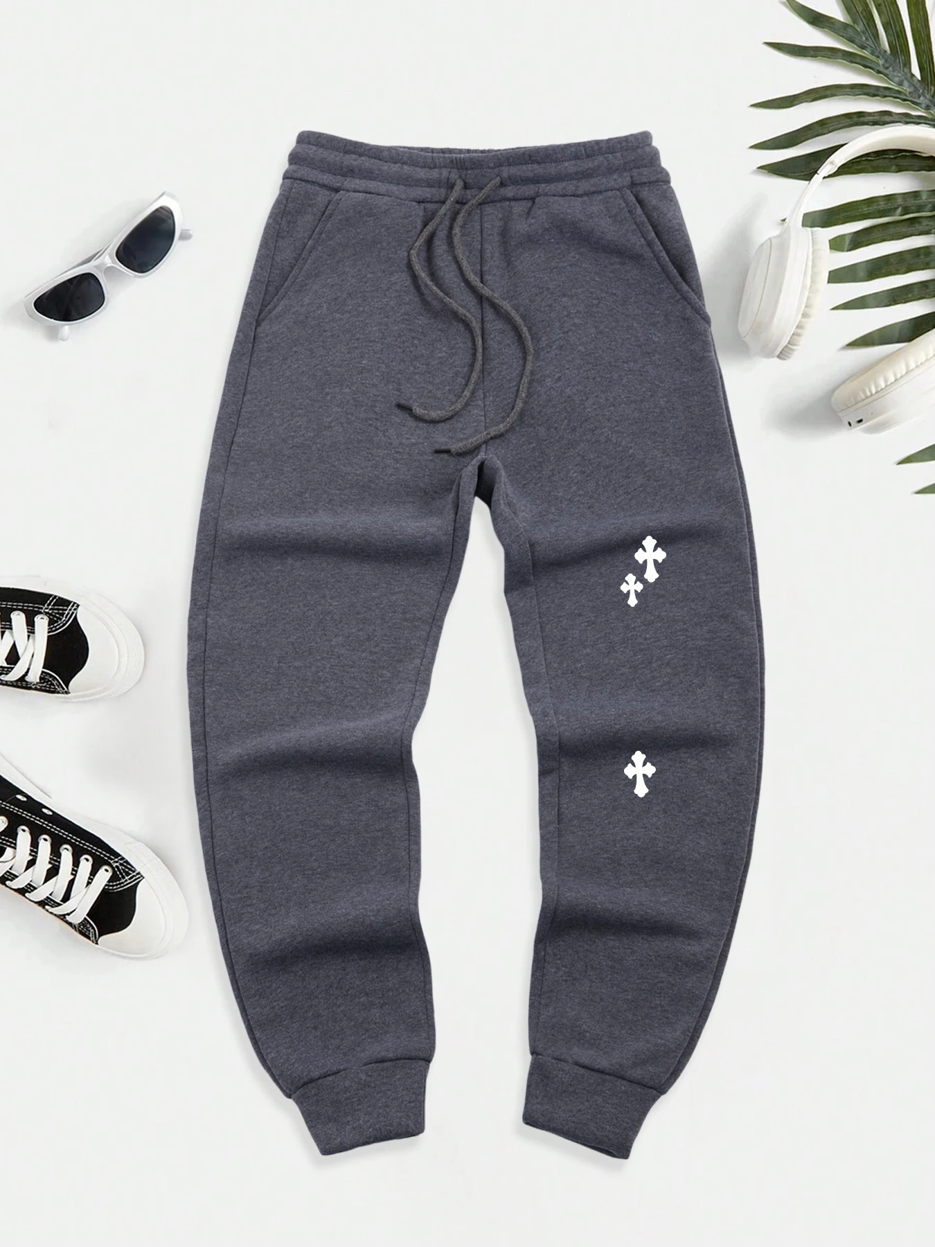 

Creative Cross Men Autumn Warm Sportpants Fleece Drawstring Long Pant Fashion Casual Male Sweatpants Comfortable Vintage Pants