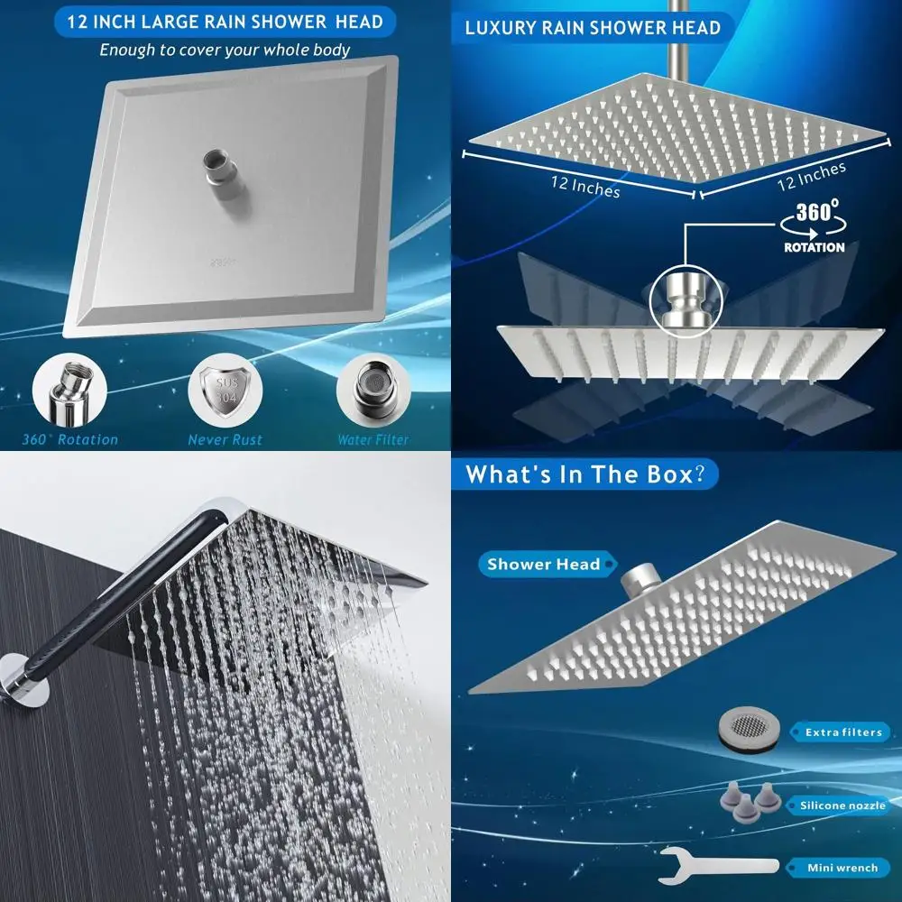 

Stainless Steel Large Rainfall Shower Head, 12 Square Waterfall Design, Ceiling/Wall Mount, Brushed Nickel Finish